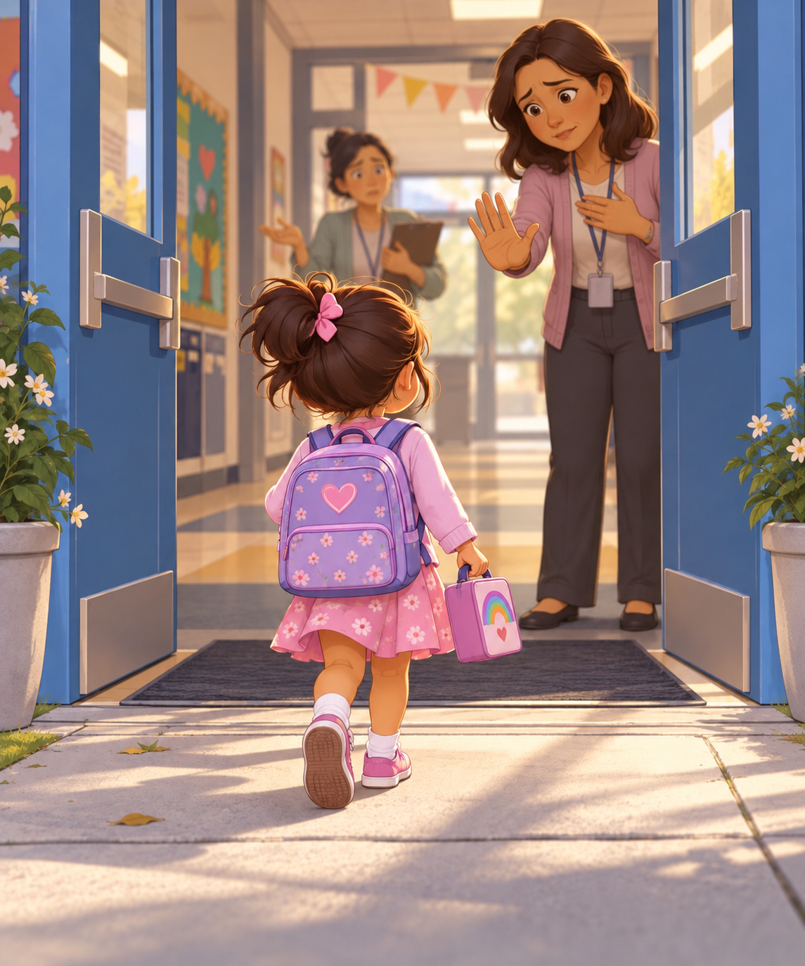 Child trying to walk into school and being told no